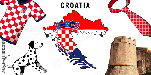 Croatia travel illustration with map, Dalmatian dog, historic fortress, red checkered football jersey and tie on transparent background