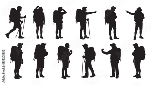 Silhouettes of hikers in various poses