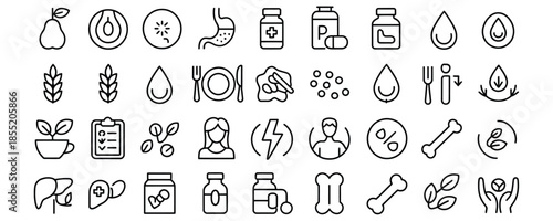 Minimalist line icons for healthy eating and nutrition concepts