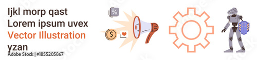 Automation, marketing, robotics, finance, innovation, technology. A robot, gear icon megaphone currency and percentage symbol. Automation and marketing concepts