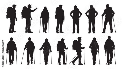 Silhouettes of hikers with trekking poles
