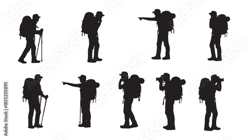 Silhouettes of hikers in various poses