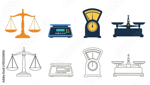 Various types of scales and weighing instruments illustrated in a graphic design