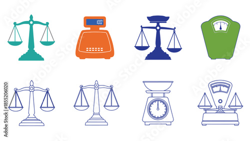 Collection of various scale icons in different styles and colors presented