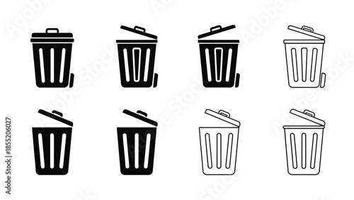 Collection of black and white trash can icons in varying styles