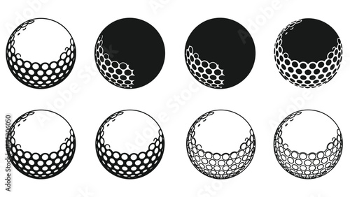 A series of black and white golf balls with varying dimple patterns