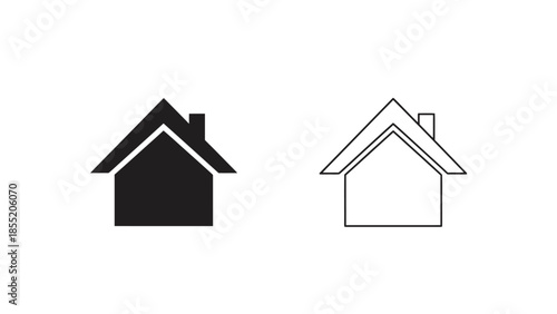 Simple black and white illustration of two house icons with differing styles