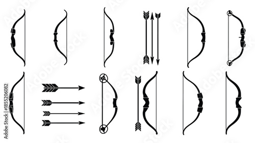 Collection of various black bows and arrows in a simple illustrative style