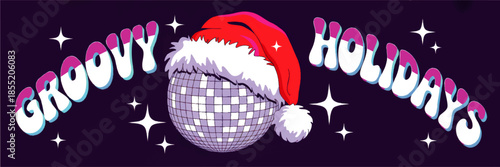 Retro groovy holidays illustration with disco ball in Santa hat and funky Christmas typography on purple festive background