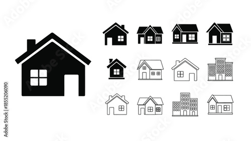 Collection of simple black and white house icons in different styles