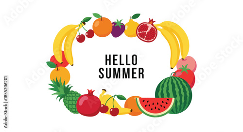 Hello Summer greeting card design with text inside a rectangular frame composed of various colorful and fresh tropical fruits.