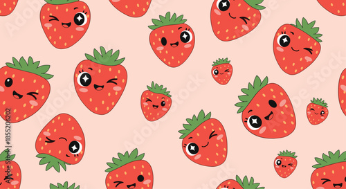 Seamless pattern of adorable kawaii strawberry characters with cute winking and smiling faces on a soft pink background design.