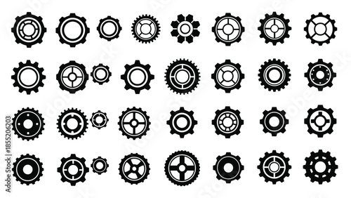 Collection of various black and white gear icons and mechanical elements