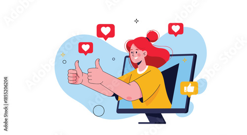 Happy woman emerges from a computer screen giving two thumbs up, surrounded by heart notifications, illustrating positive feedback.