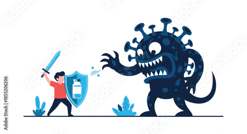 Brave character with a sword and a vaccine shield courageously fighting a scary coronavirus monster, symbolizing immunization power.