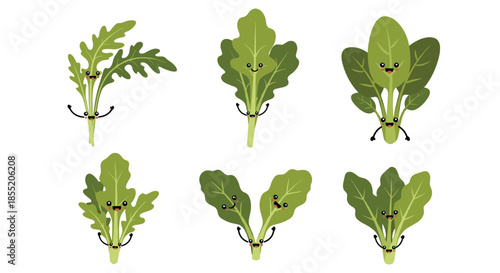 Set of six adorable kawaii salad green characters, including arugula and spinach, with cute faces and happy waving poses.