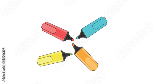 Four colorful highlighter markers in red, blue, yellow, and orange, arranged in a cross shape, isolated on a white background.