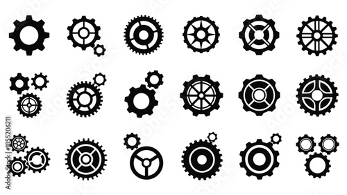 Collection of various black and white gear icons and mechanical elements