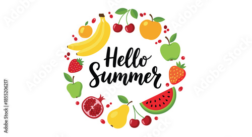 Hello Summer greeting with beautiful calligraphy inside a colorful circular frame made from a variety of fresh, juicy fruits.
