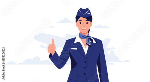 Professional and friendly flight attendant in a blue uniform giving a thumbs-up gesture, with an airplane silhouette behind.