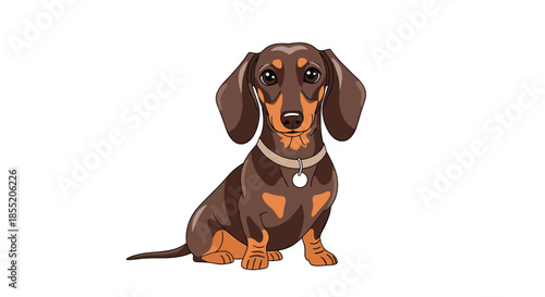 Cute brown and tan dachshund dog with floppy ears and a collar, sitting patiently in a realistic cartoon illustration style.