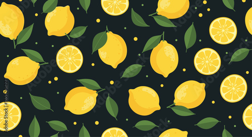 Vibrant seamless pattern of yellow lemons, whole and sliced, with green leaves on a contrasting dark background for a fresh look.