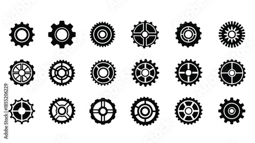 Collection of various black and white mechanical gear icons arranged in rows