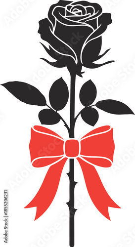 Black and red rose with bow on white background flower