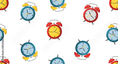 Seamless pattern of colorful retro-style alarm clocks in red, blue, and yellow scattered on a clean white background design.
