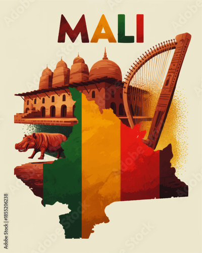 Mali travel illustration with national flag map, traditional architecture, kora harp and wildlife hippo, colorful African tourism art