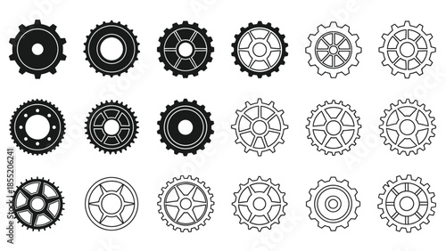 Collection of black and white circular gear icons in varying designs