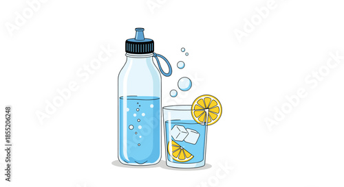 Reusable sports water bottle next to a glass of refreshing sparkling water with ice cubes and a lemon slice for healthy hydration.