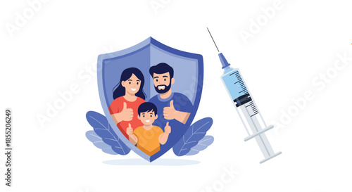 A family protected by a shield with a large vaccine syringe nearby, illustrating the concept of vaccination for family health and immunity.
