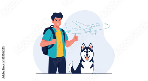 Happy young man with a backpack and his husky dog ready for an adventure, with a drawing of an airplane indicating pet travel.