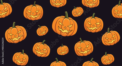 A spooky and fun seamless pattern of carved Halloween jack-o'-lantern pumpkins with scary faces on a dark background for the holiday.