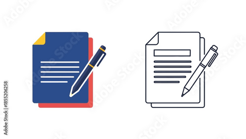 Documents with pens a colorful illustration and a line art version