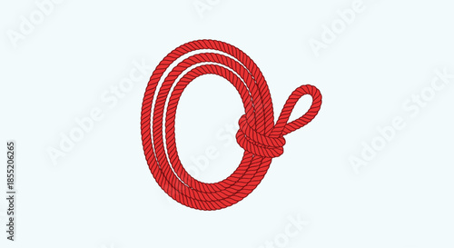 Red nautical or cowboy rope coiled into a circle or lasso shape with a knot, isolated on a light blue background.