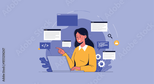 Female software developer or programmer working on her laptop, multitasking with various code windows and user interface elements.