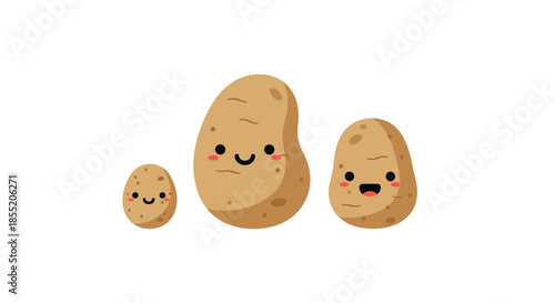 Adorable family of three cute kawaii potato characters with happy smiling faces, illustrated in a simple and charming cartoon style.