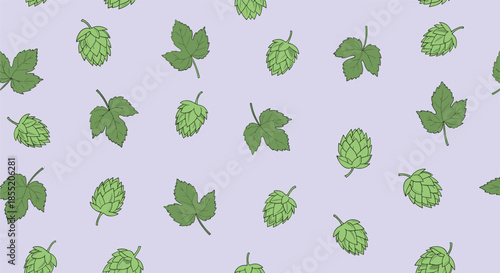 Seamless background pattern of hand-drawn green hop cones and leaves, representing beer brewing and craft beer ingredients.