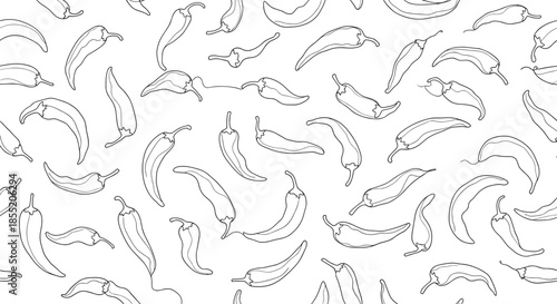 Seamless black and white pattern of hand-drawn chili peppers in a sketchy line art style, ideal for spicy food-themed backgrounds.