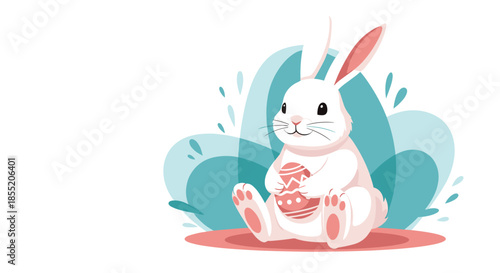 Charming white Easter bunny sitting and holding a decorated pink egg with a soft blue abstract background for spring holiday.