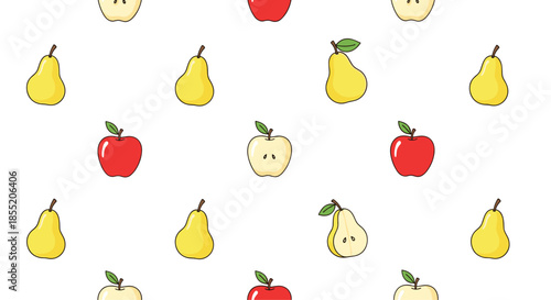 Simple and cute seamless fruit pattern with red apples, yellow pears, and sliced apples on a clean white background design.