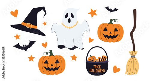 Cute Halloween sticker set including a friendly ghost, witch hat, carved pumpkins, bats, and a broom for holiday decoration.