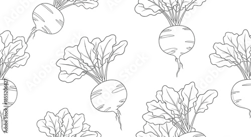 Seamless background pattern of radishes or turnips with leaves in a clean black and white hand-drawn line art illustration.