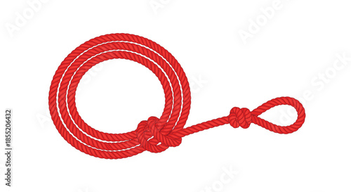 Illustration of a coiled red rope with a honda knot or lariat loop, representing western, nautical, or climbing themes.