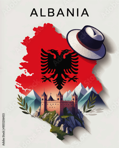 Albania travel poster with national flag eagle, traditional hat and castle in mountain landscape, patriotic tourism illustration