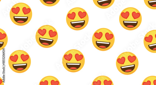 Seamless pattern of the smiling face with heart-eyes emoji, expressing love, adoration, and happiness on a white background.