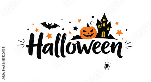 Happy Halloween calligraphy with festive decorations including a haunted house, carved pumpkin, bat, and a dangling spider.