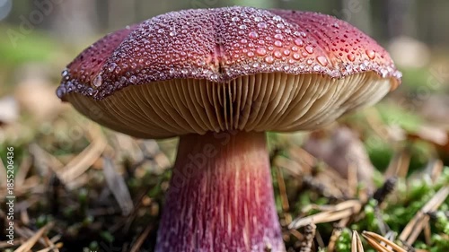 Closeup of a vibrant red mushroom with white spots growing in a mossy forest.